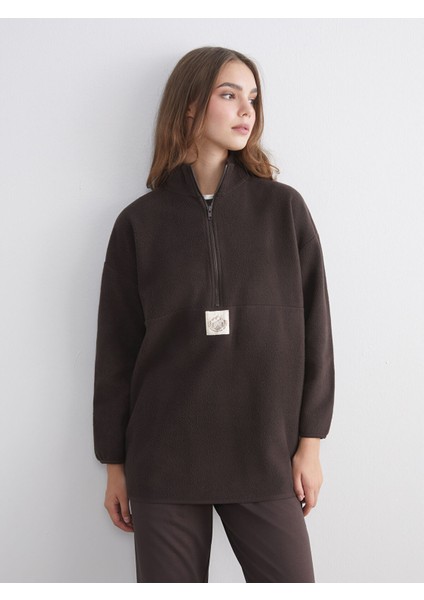 Yeni Sezon Dik Yaka Baskılı Polar Kadın Sweatshirt Tunik