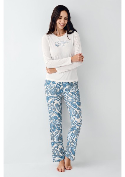 Kadın Lıvıng My Best Life Modal Pamuklu Krem Uzun Kollu Desenli Pijama Takım fiyatları