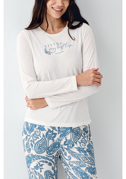 Kadın Lıvıng My Best Life Modal Pamuklu Krem Uzun Kollu Desenli Pijama Takım modelleri