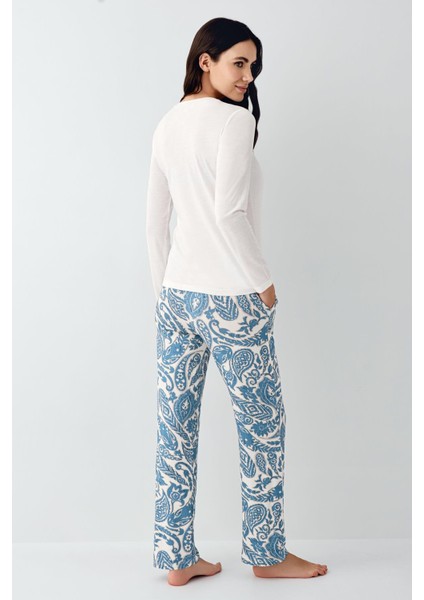 Kadın Lıvıng My Best Life Modal Pamuklu Krem Uzun Kollu Desenli Pijama Takım fırsatları