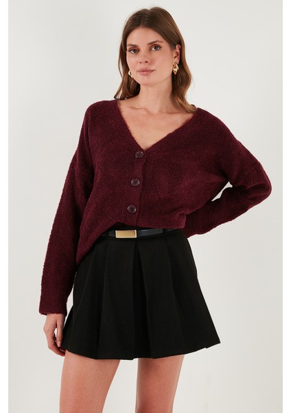 Oversize Fit Düğmeli V Yaka Uzun Kollu Triko Hırka Bayan Hırka 4616232