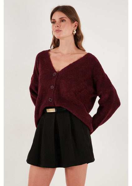 Oversize Fit Düğmeli V Yaka Uzun Kollu Triko Hırka Bayan Hırka 4616232 fırsatları