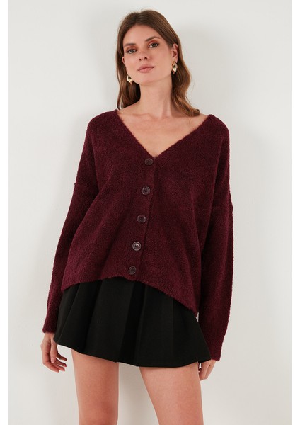 Oversize Fit Düğmeli V Yaka Uzun Kollu Triko Hırka Bayan Hırka 4616232