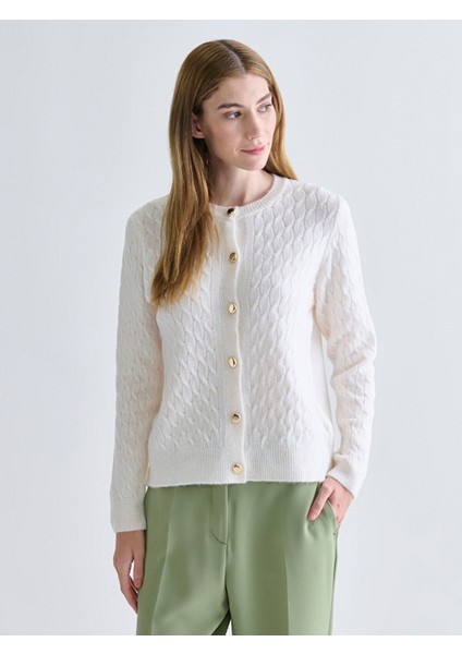 Yeni Sezon Bisiklet Yaka Kendinden Desenli Kadın Triko Hırka