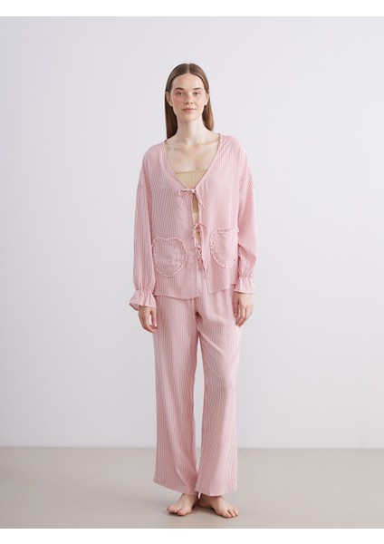 Yeni Sezon V Yaka Çizgili Kadın Pijama Takımı
