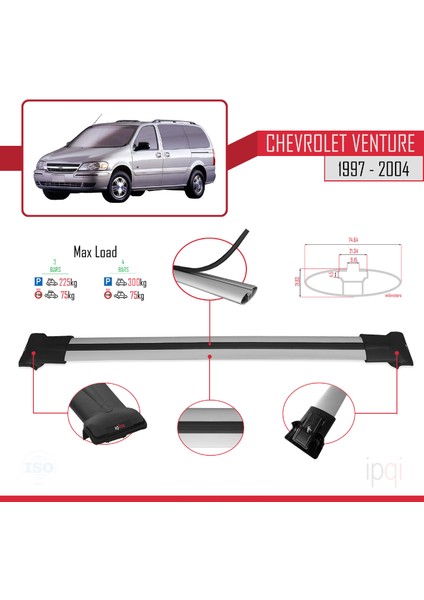 Chevrolet Venture 1997-2004 Arası ile Uyumlu Fly Model Ara Atkı Tavan Barı Gri 3 Adet modelleri