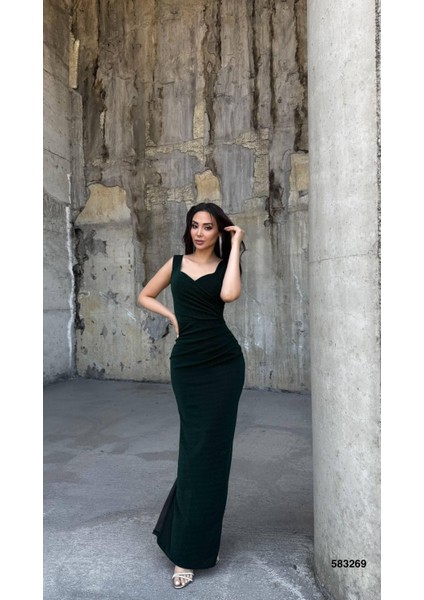 Flowers Esnek Kumaş Omuz Geniş Askılı Pile Detaylı Abiye Elbise 583269 Zümrüt