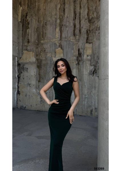 Flowers Esnek Kumaş Omuz Geniş Askılı Pile Detaylı Abiye Elbise 583269 Zümrüt fiyatları