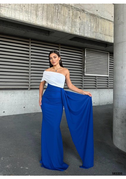 Esnek Krep Kumaş Tek Omuz Aller Detay Garnili Abiye Elbise 583320 Saks