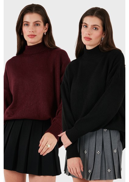 Oversize Fit Balıkçı Yaka Yumuşak Dokulu 2'li Paket Triko Kazak Bayan Kazak 680KZ00469S2