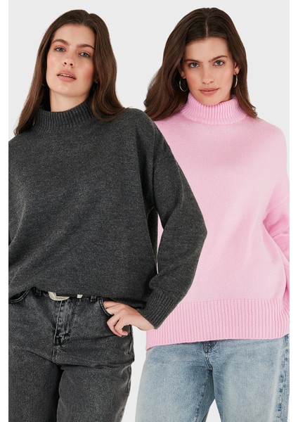 Oversize Fit Balıkçı Yaka Yumuşak Dokulu 2'li Paket Triko Kazak Bayan Kazak 680KZ00469S2