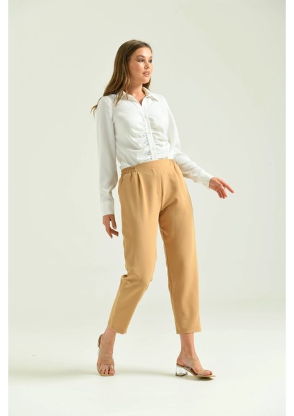 Kadın Pantolon Bel Lastikli Rahat Pantolon Camel - T116