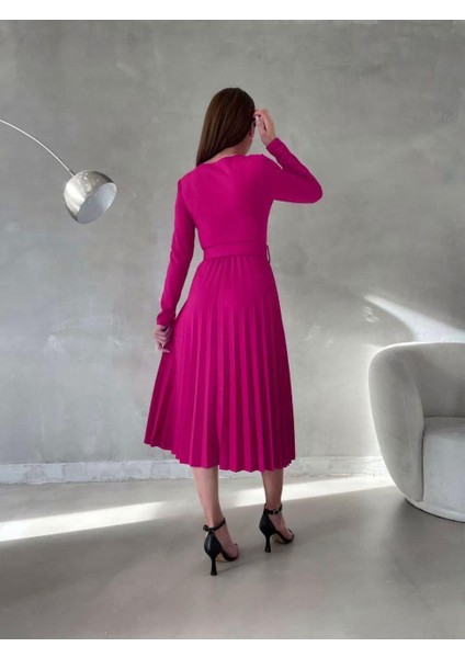 Piliseli Kemerli Midi Boy Abiye Elbise 582644 Fuşya fırsatları