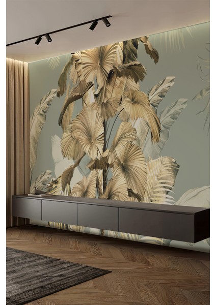 Altın Bronz Tropikal Yapraklı Tek Parça Tekstil Duvar Kağıdı