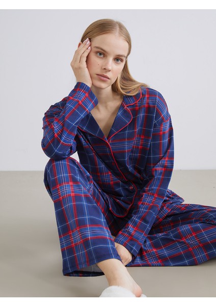 Yeni Sezon Gömlek Yaka Ekose Kadın Pijama Takımı
