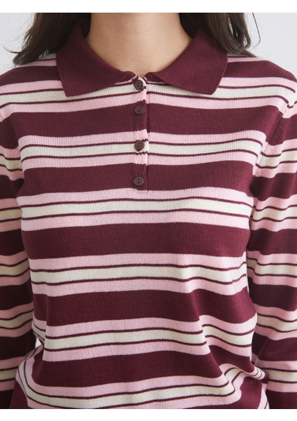 Yeni Sezon Polo Yaka Çizgili Kadın Triko Kazak modelleri