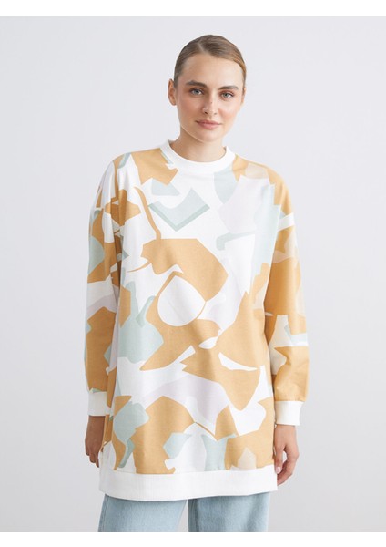 Yeni Sezon Büyük Beden Bisiklet Yaka Desenli Kadın Sweatshirt Tunik