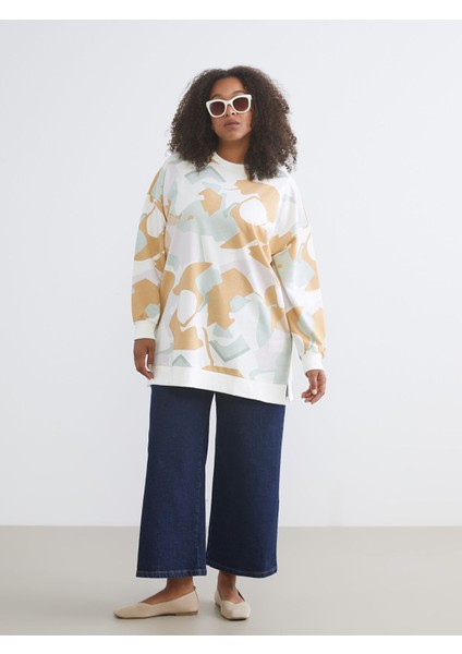 Yeni Sezon Büyük Beden Bisiklet Yaka Desenli Kadın Sweatshirt Tunik modelleri