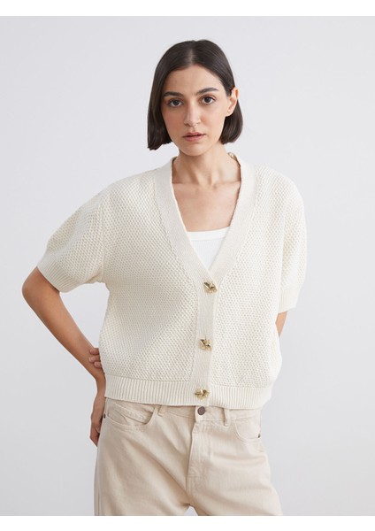 Yeni Sezon Kısa Kollu Düğme Detaylı Kadın Triko Hırka