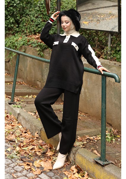 Triko Polo Yaka Tunik Pantolon Ikili Takım 1048-04 Siyah