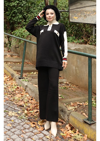 Triko Polo Yaka Tunik Pantolon Ikili Takım 1048-04 Siyah modelleri