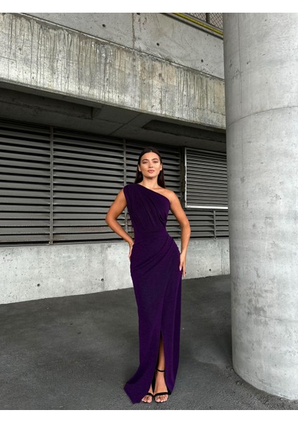 Flowers Ön Pileli Tek Omuz Abiye Elbise 583314 Mor