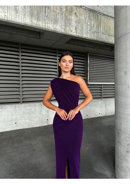 Flowers Ön Pileli Tek Omuz Abiye Elbise 583314 Mor fiyatları