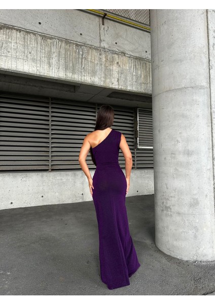 Flowers Ön Pileli Tek Omuz Abiye Elbise 583314 Mor fırsatları