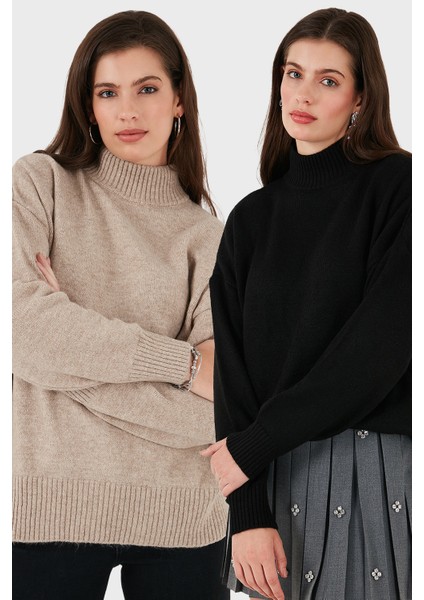 Oversize Fit Balıkçı Yaka Yumuşak Dokulu 2'li Paket Triko Kazak Bayan Kazak 680KZ00469S2