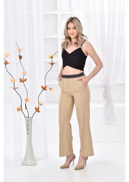 Kadın Pantolon Beli Lastikli Geniş Paça Pantolon Camel - E044