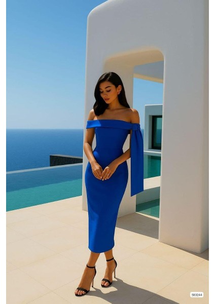 Omuz Detaylı Midi Boy Abiye Elbise Saks 583244