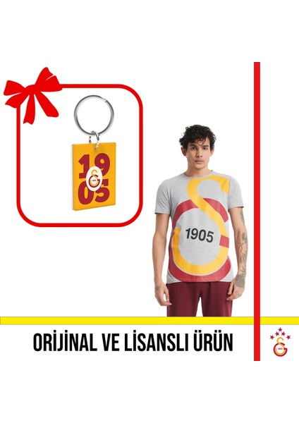 Lisanslı Büyük Logolu Gri T-Shirt ve Sarı-Kırmızı 1905 Yazılı Logolu Anahtarlık
