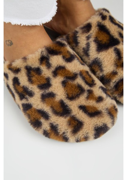 Leda Kadın Peluş Düz Taba Leopar Terlik modelleri