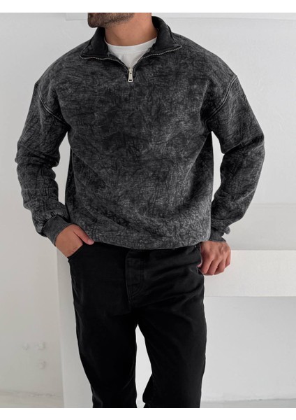 Yıkamalı Kumaş Oversıze Düğmeli Yakalı Sweat - %100 Penye Oversıze Sweatshırt