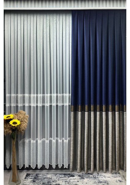 Pano Fon Perde Ekose Şeritli Lacivert Gri 1 / 3 Sık Pileli (Tek Kanat) Fon, Perde, Tül,