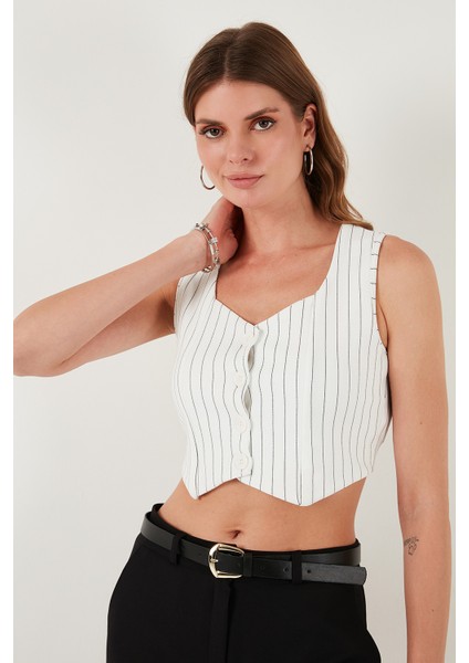 Slim Fit Kalp Yaka Düğmeli Kalın Askılı Crop Yelek Bayan Yelek 5865497 fırsatları