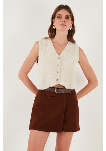 Regular Fit V Yaka Yumuşak Dokulu Düğmeli Yelek Bayan Yelek 4615241 modelleri