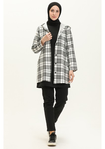 Ekose Desenli Kapüşonlu Tunik Takım 8001-01 Siyah Beyaz