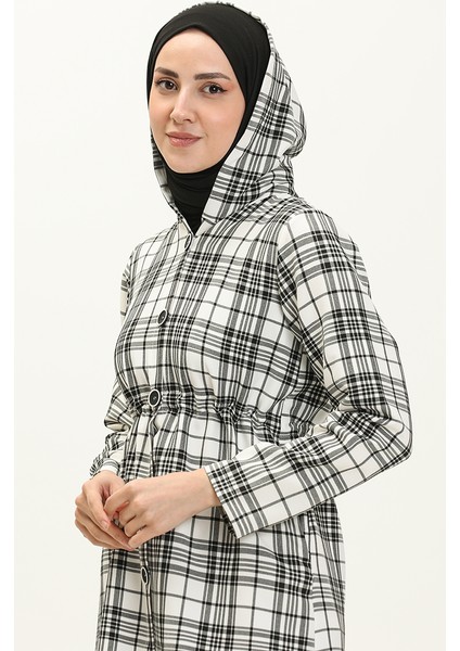 Ekose Desenli Kapüşonlu Tunik Takım 8001-01 Siyah Beyaz modelleri
