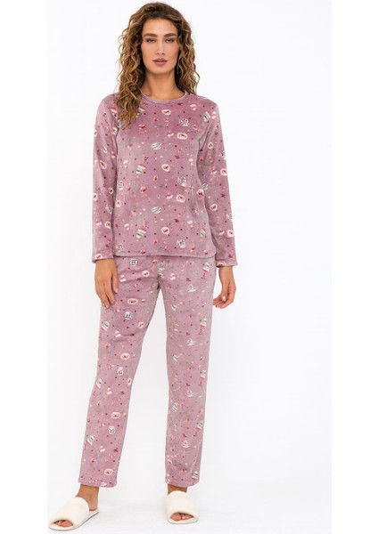 Kadın 13504-1420 Uzun Kol Kadife Pijama Takımı Lila