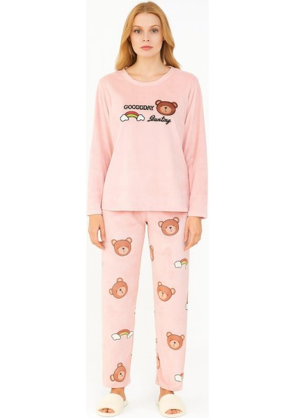 Kadın 13313-2253 Uzun Kol Kadife Pijama Takımı Somon