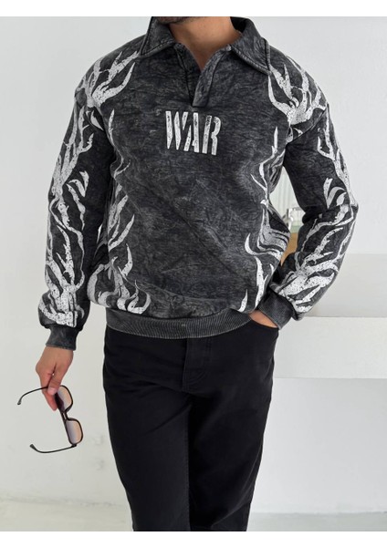 Yıkamalı Kumaş Oversıze Düğmeli Yakalı Sweat - %100 Penye Oversıze Sweatshırt