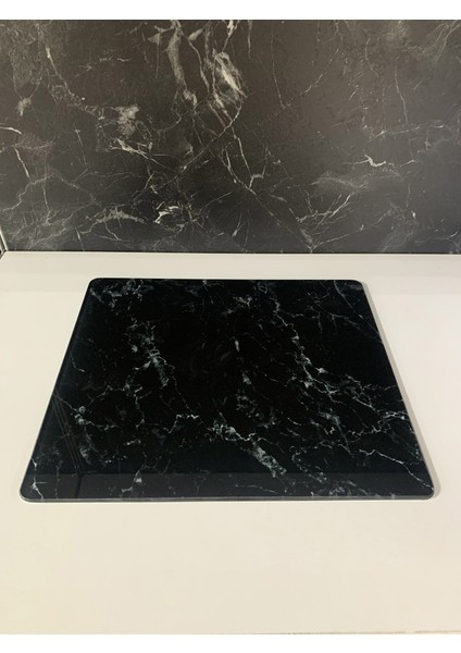 30x26cm - Siyah Mermer, Cam Kesme Tahtası - Sunumluk