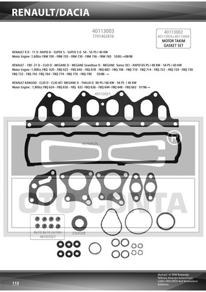 Üst Takım Contası KNG-R19-MGN-SCENIC 1.9 Dzl. Keçeli Subap Lastikli Skc Siz