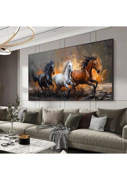 Üç Farklı Renkte At Kanvas (Led) Işıklı Tablo