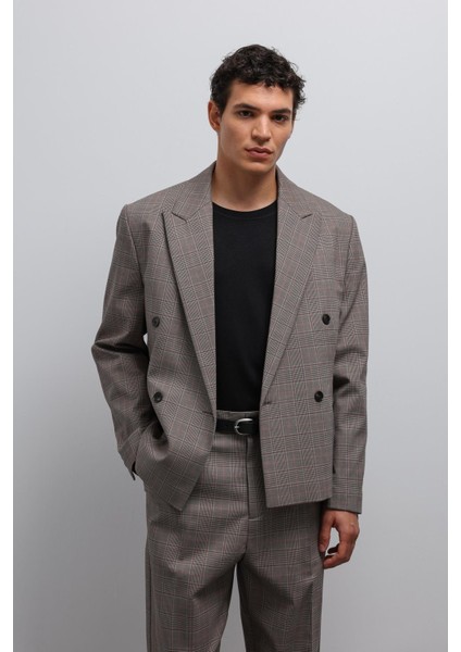 Kahve Ekoseli Kruvaze Erkek Blazer Ceket