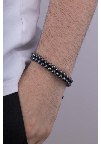 Çift Sıra Yuvarlak Kesim Hematit Taşlı Doğal Taş Bileklik