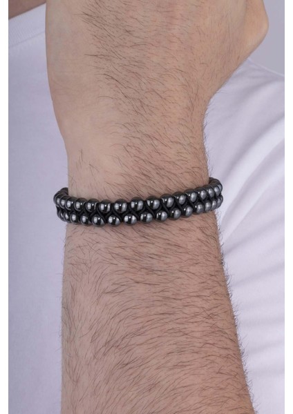 Çift Sıra Yuvarlak Kesim Hematit Taşlı Doğal Taş Bileklik modelleri