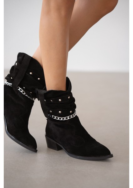 Elara Hakiki Deri Zincir Detaylı Western Kadın Bot- Siyah Süet