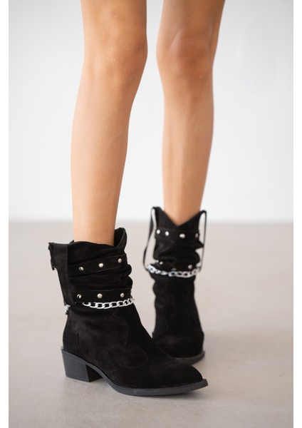 Elara Hakiki Deri Zincir Detaylı Western Kadın Bot- Siyah Süet fiyatları